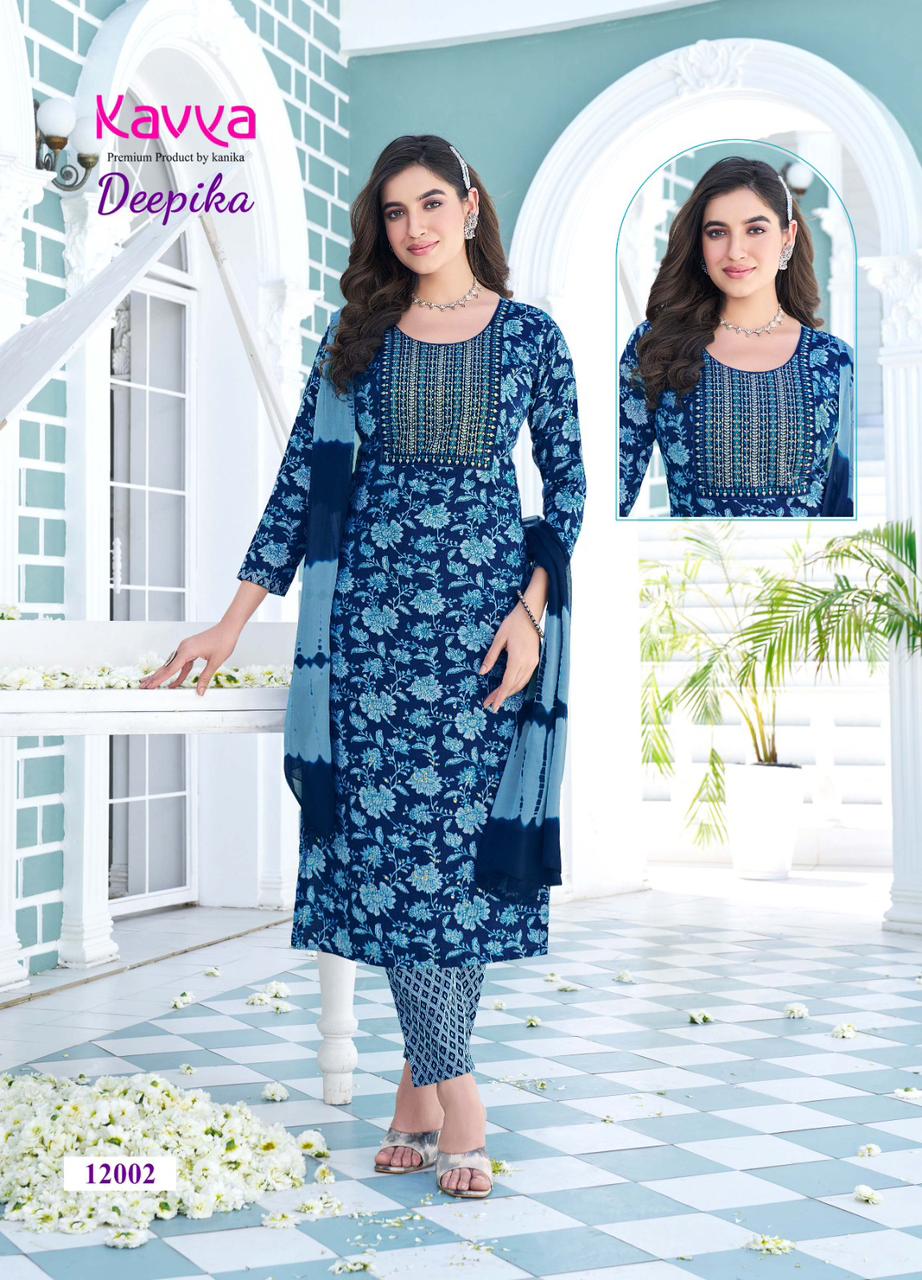 Deepika Vol 12 By Kavya Straight Cut Embroidery Kurti With Bottom Dupatta Wholesale Market
